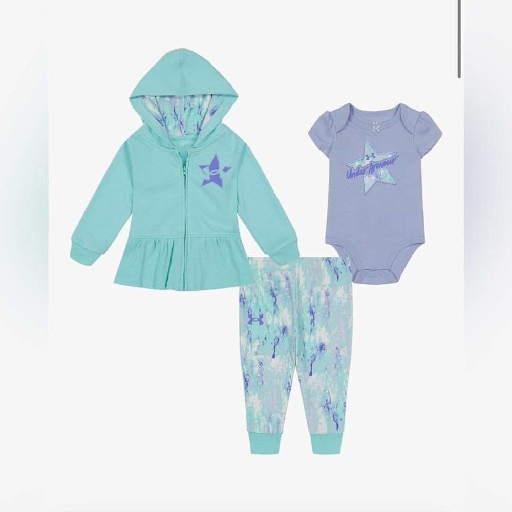 Under Armour Baby Girls 3 Piece Hoodie Bodysuit and Pants Set 3/6M Turquoise